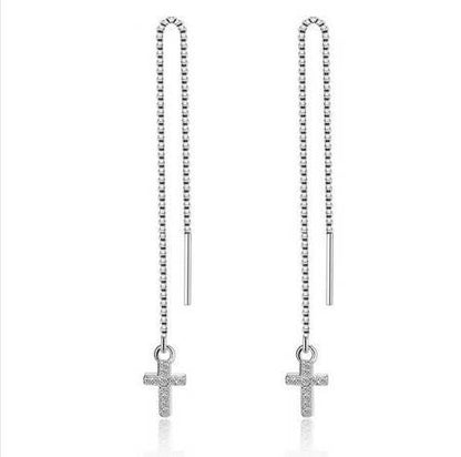 Silver Chain Cross Earrings with box chain through the earlobe design