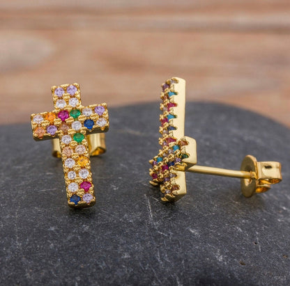 Multi Color CZ Gold Cross Earrings Weddings Bridesmaid Rainbow Stud Crosses for Women Girls jewellery jewelry