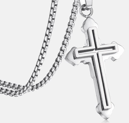 Shadow Box Cross Necklace in a Two Layer Silver or Gold Accent for Men Stainless Steel 2 Color Round Edge Box Chain Jesus