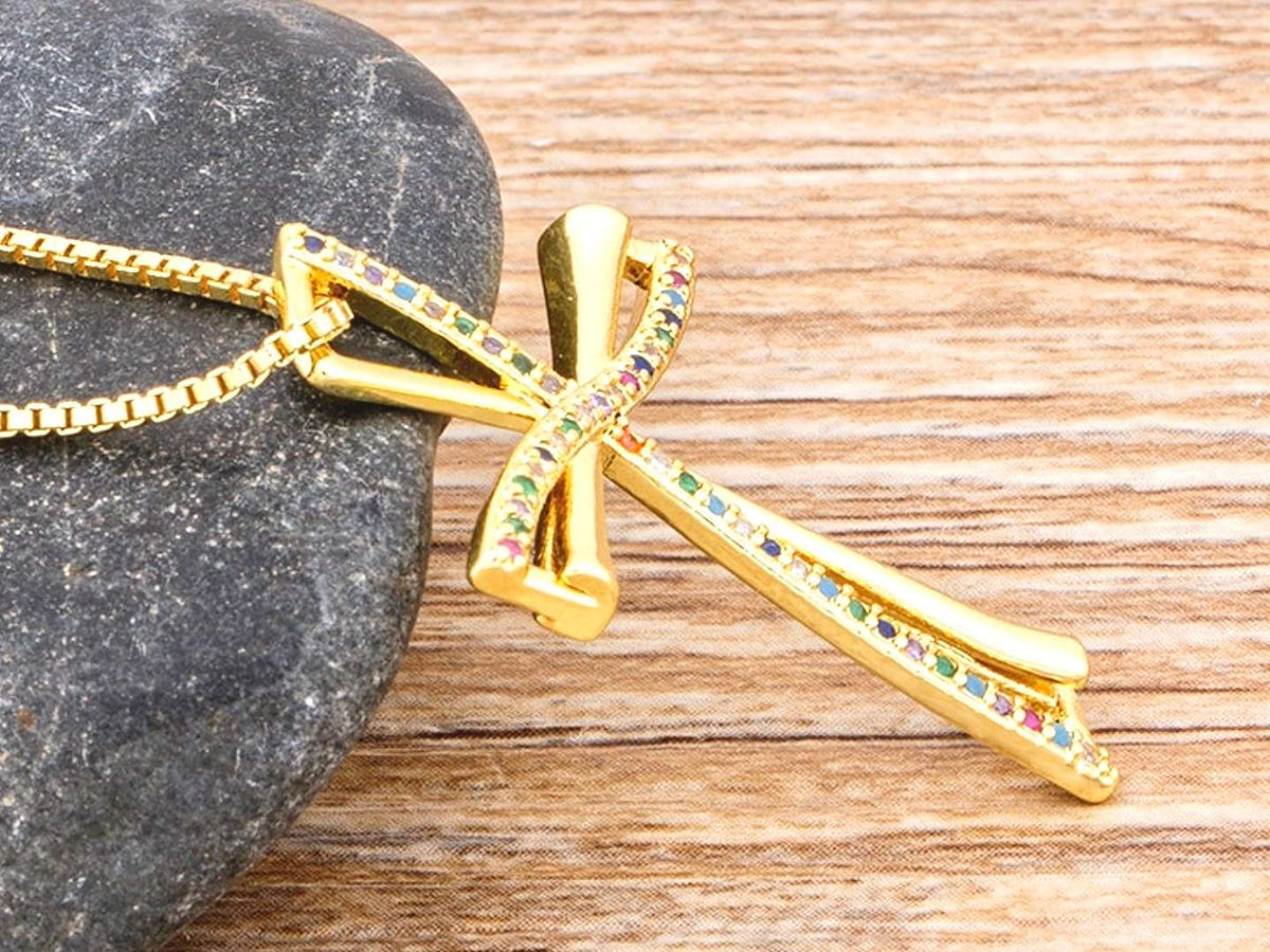 Infinity Swirl Cross Necklace Inset Rhinestones CZ Look Gold Silver Classic Hollow Swirl Jewelry for Women Jewellery for Girls