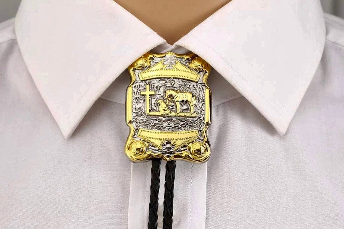 Western Cowboy Cross and Horse Bolo Tie crucifix necklace silver gold Black Draw String suit tie Cord Square Dance Western Wear belt buckle