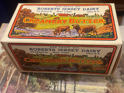 Vintage Roberts Jersey Dairy Creamery Butter Box 🐄 NOS 1930s–40s Utica, NY Pastoral Print