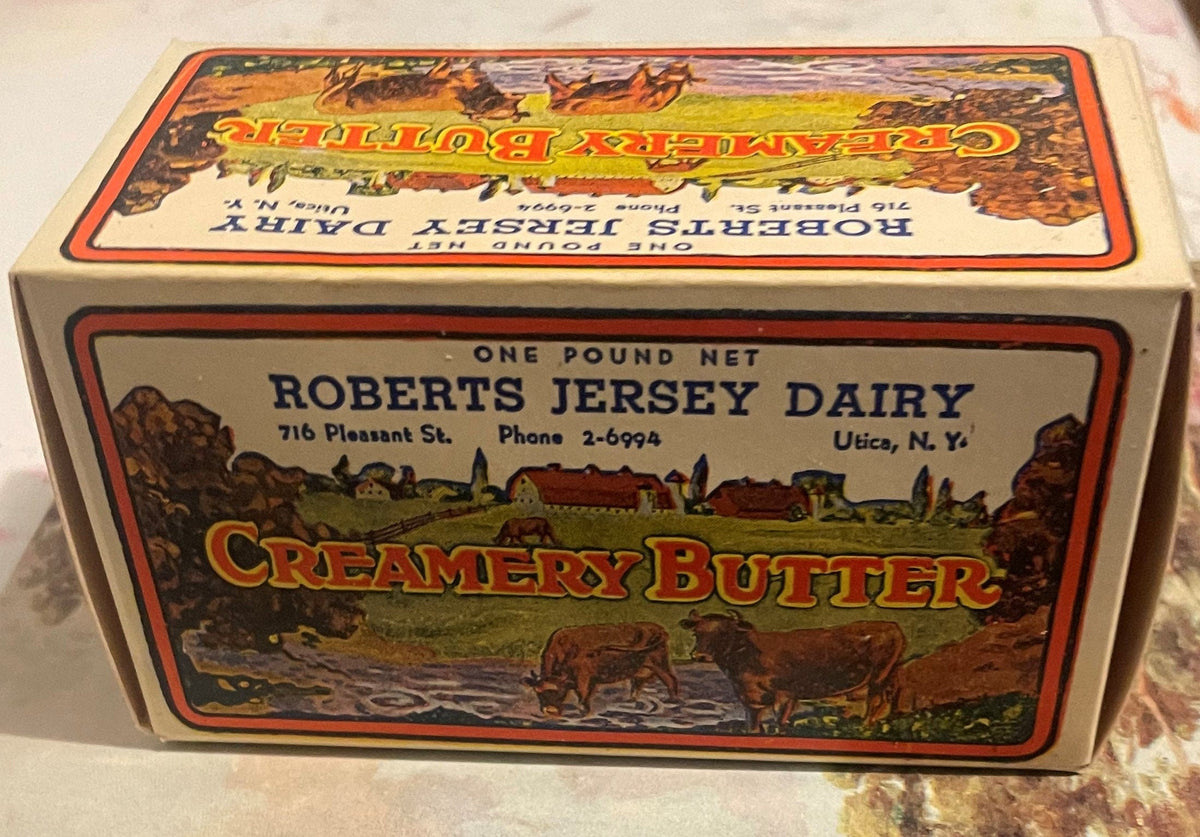Vintage Roberts Jersey Dairy Creamery Butter Box 🐄 NOS 1930s–40s Utica, NY Pastoral Print