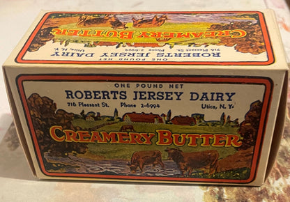 Vintage Roberts Jersey Dairy Creamery Butter Box 🐄 NOS 1930s–40s Utica, NY Pastoral Print