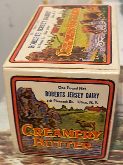 Vintage Roberts Jersey Dairy Creamery Butter Box 🐄 NOS 1930s–40s Utica, NY Pastoral Print