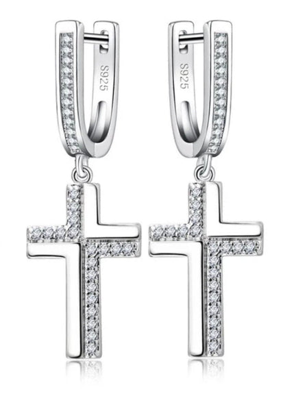 Set - sterling silver cross earrings and necklace with zircons S925 pendant for women jewelry link chain jewellery for girls