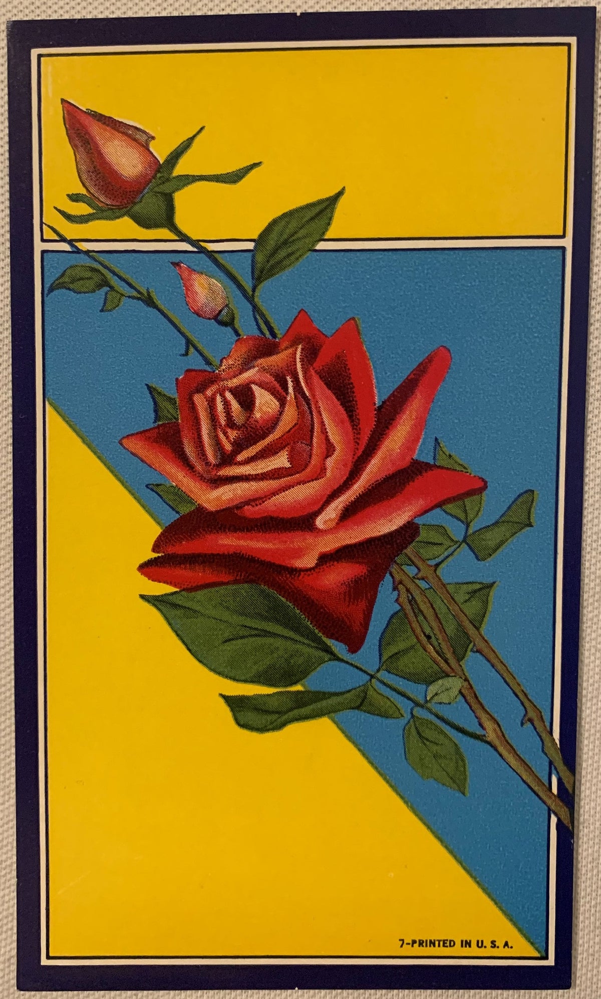 Antique Rose Broom Label 🌹 NOS Chromolithograph | 1910s–40s Yellow & Blue Litho Print Art