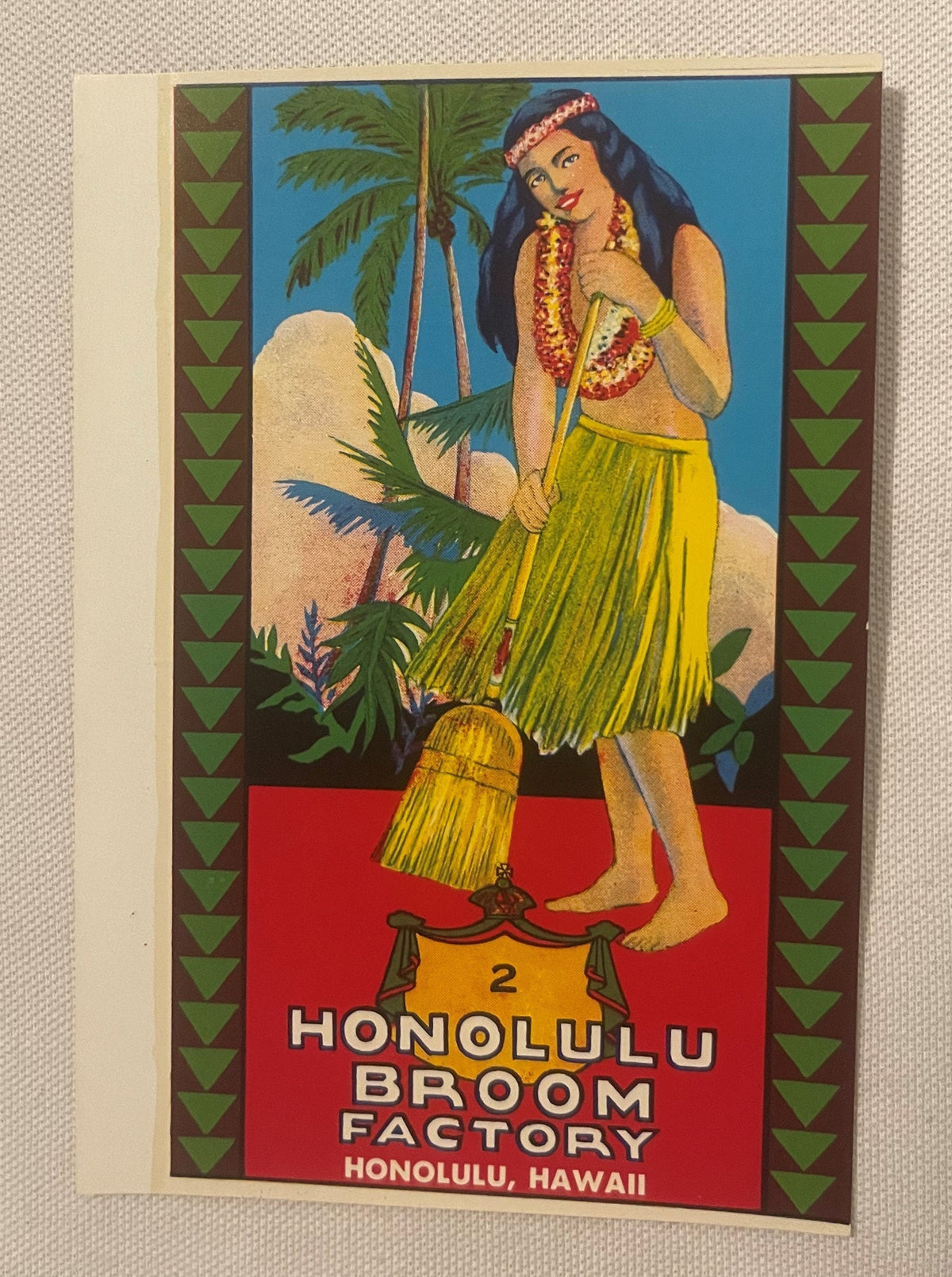 Vintage Honolulu Broom Factory Hula Girl Label 🖼️ Hawaiian Chromolithograph Advertising, Honolulu Hawaii Broom Advertising Label #2