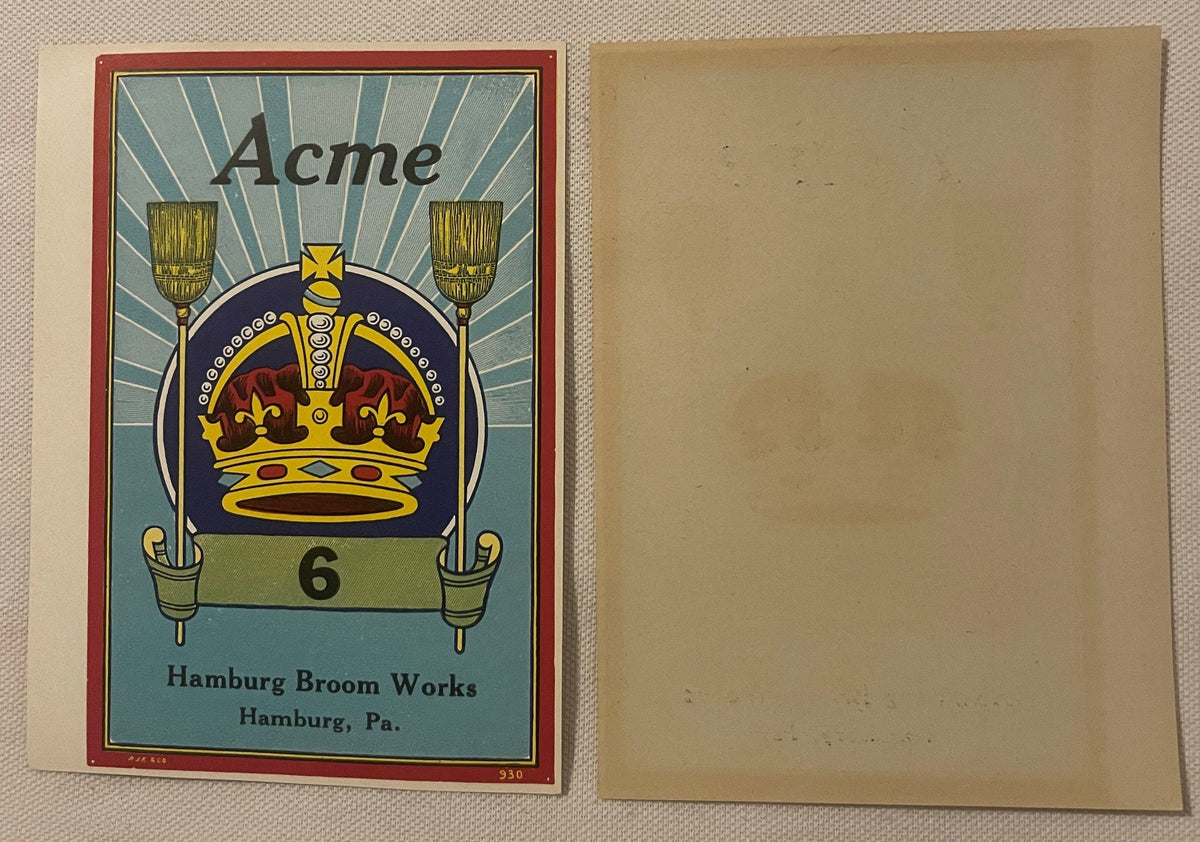 Antique Acme No 6 Broom Label 1910s 1920s Hamburg Broom Works Hamburg PA Crown New Old Stock Advertising Art Ephemera 🧹