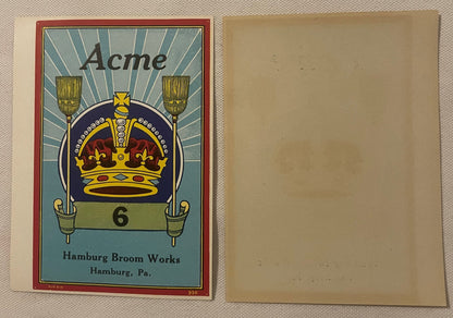 Antique Acme No 6 Broom Label 1910s 1920s Hamburg Broom Works Hamburg PA Crown New Old Stock Advertising Art Ephemera 🧹
