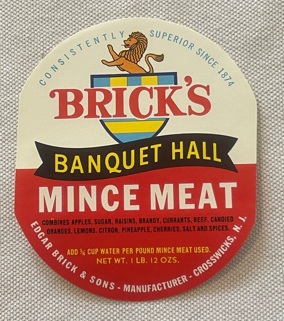 Antique Brick's Banquet Hall Mince Meat Label 🦁 Edgar Brick & Sons Crosswicks NJ Tin Can Label 1920s–1930s