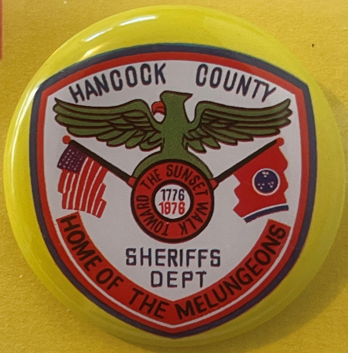 Vintage Hancock County TN Sheriffs Dept Tin Litho Pinback Button Home of the Melungeons Bicentennial 1776 1976 Japan 🚔