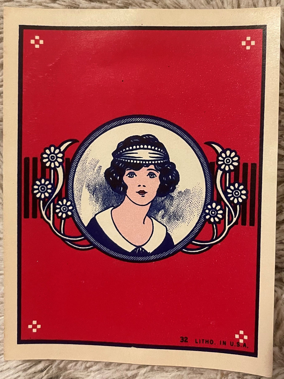 Antique Maid Broom Label 🧹 NOS 1910s-1920s Red Portrait Litho #32 Kitchen Wall Art