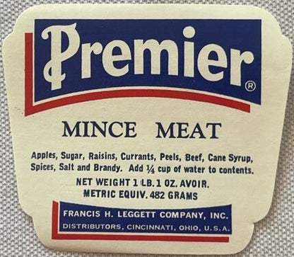 Antique Premier Mince Meat Can Label 🏷️ Francis H. Leggett Cincinnati Ohio NOS 1910s–1920s