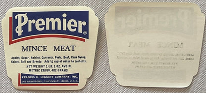Antique Premier Mince Meat Can Label 🏷️ Francis H. Leggett Cincinnati Ohio NOS 1910s–1920s