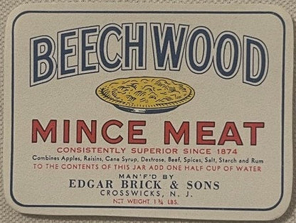 Antique Brick's Beechwood Mince Meat Label 🥧 Edgar Brick & Sons Crosswicks NJ NOS Pie Litho 1910s–1930s