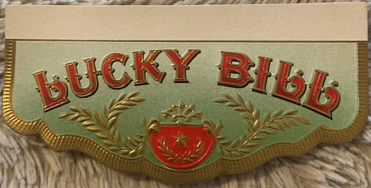 Antique Lucky Bill 🍀 Gold Embossed Cigar Box Back Flap Label NOS 1900s Green Red Victorian