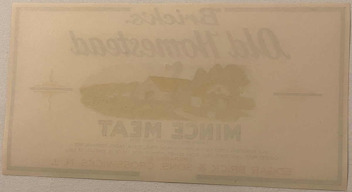 Antique Brick's Old Homestead Mince Meat Label 🏚️ LARGE RECTANGULAR Farm Scene, Edgar Brick & Sons NJ, NOS 1920s