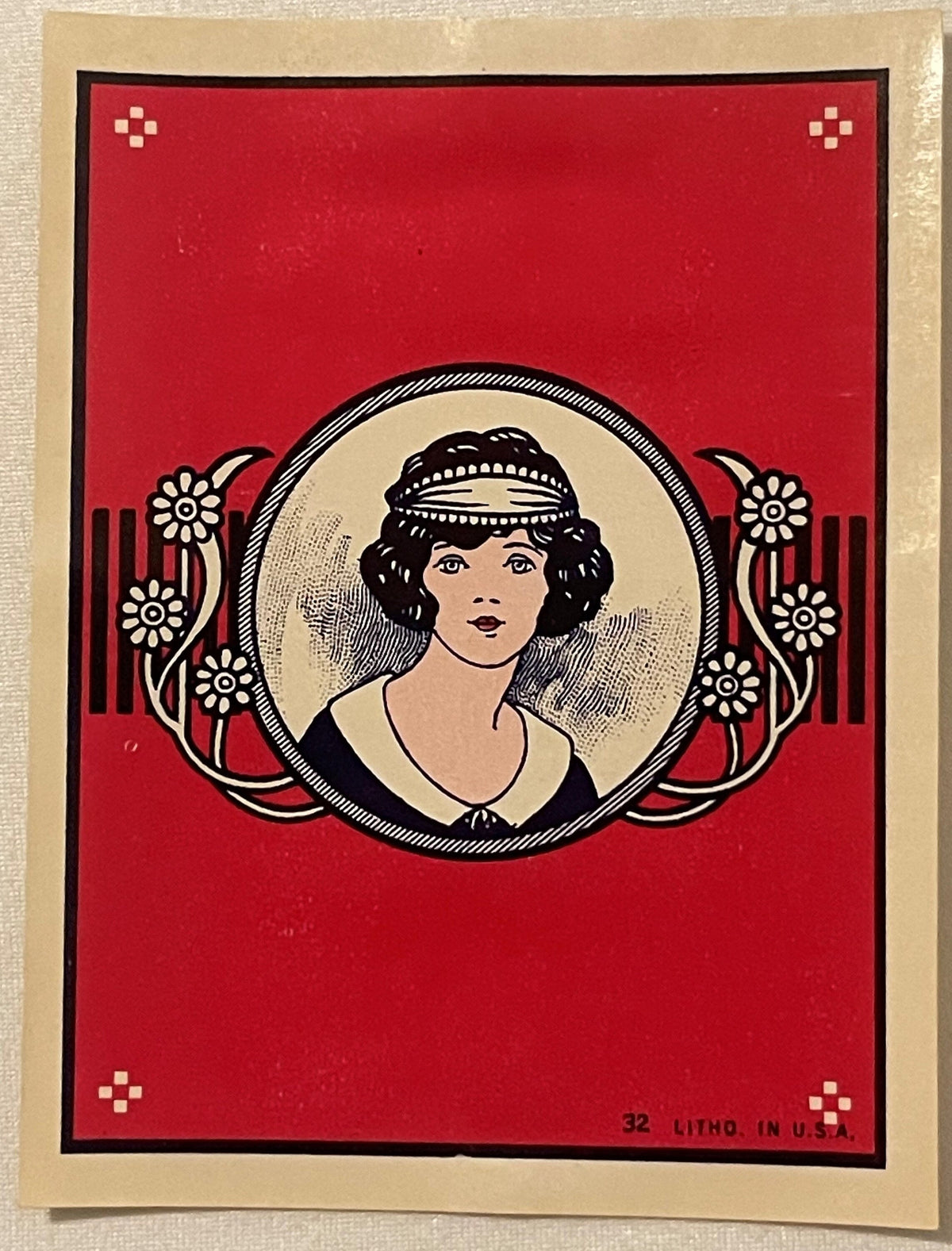 Antique Maid Broom Label 🧹 NOS 1910s-1920s Red Portrait Litho #32 Kitchen Wall Art