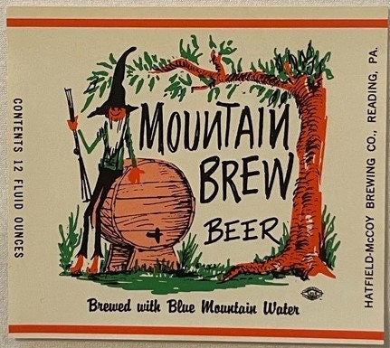 Vintage 1960s Mountain Brew Beer Label 🍺 Hatfield-McCoy Brewing Co — Reading, PA NOS Breweriana