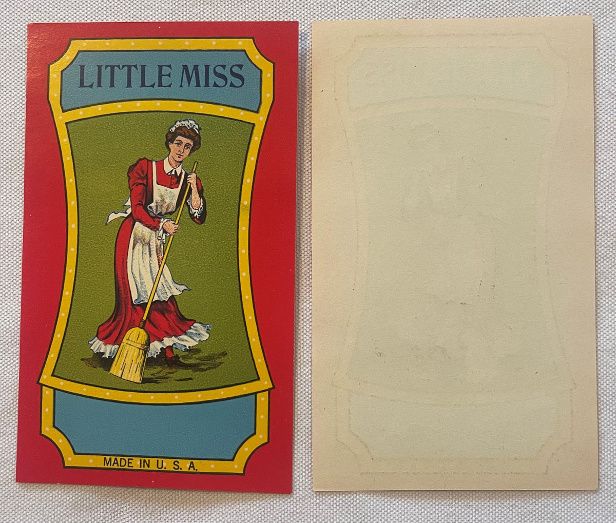 Antique Little Miss Broom Label 🧹 NOS Maid Sweeping Red Vintage Art