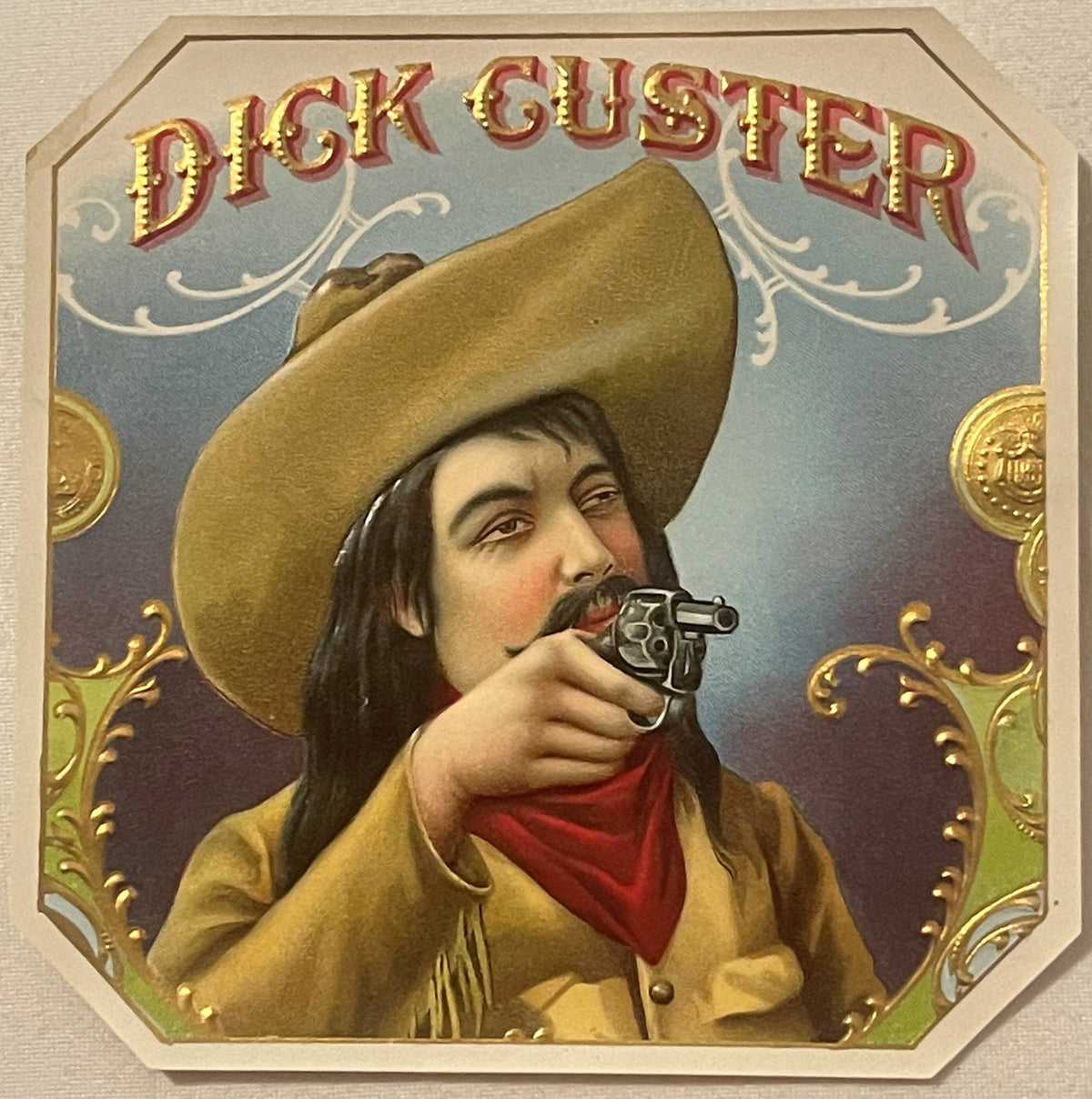 Antique Dick Custer Cigar Label 🤠 Gold Embossed Cowboy NOS Chromolithograph