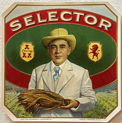Antique Selector Cigar Box Label J.M. Martinez Co. American Lithographic New York 1900s - 1920s Embossed Tobacco Ephemera 🚬