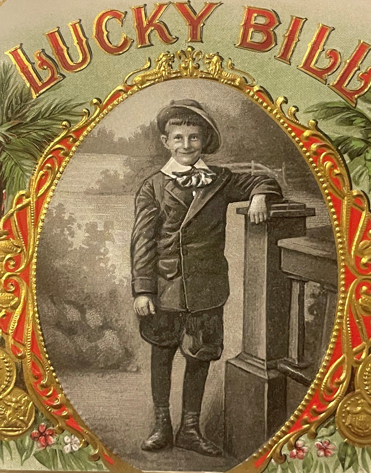 Antique Lucky Bill Gold Embossed Cigar Label NOS 1900s Chromolithograph Advertising Decor 🚬