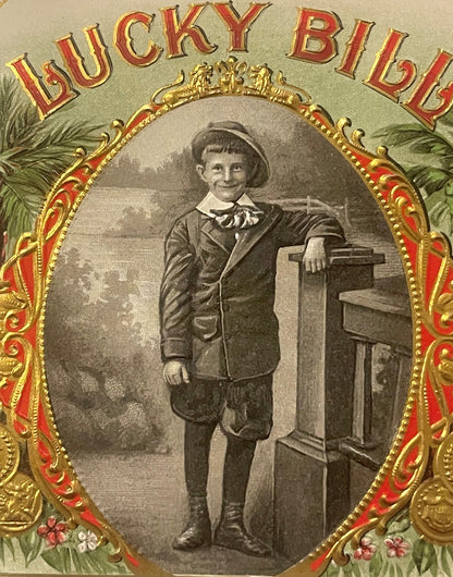 Antique Lucky Bill Gold Embossed Cigar Label NOS 1900s Chromolithograph Advertising Decor 🚬