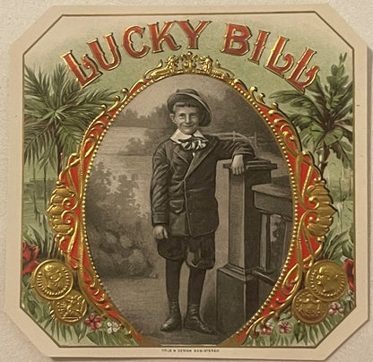 Antique Lucky Bill Gold Embossed Cigar Label NOS 1900s Chromolithograph Advertising Decor 🚬