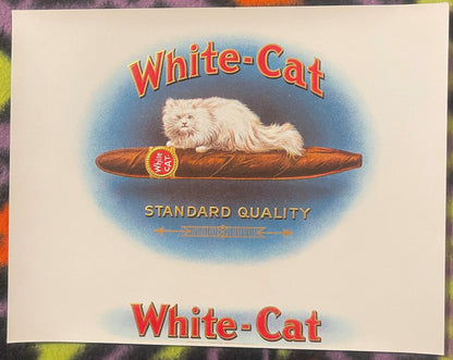 Antique White-Cat 🐱 Cigar Box Label 1920s Embossed Gold Chromolithograph Vintage Tobacco Art