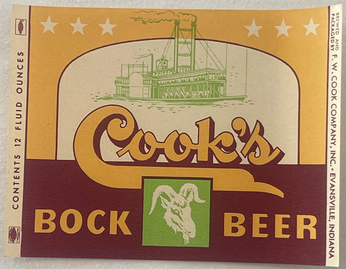 Vintage Cook's Bock Beer Label 🍺 Steamboat & Goat Design | F.W. Cook Co., Evansville, Indiana