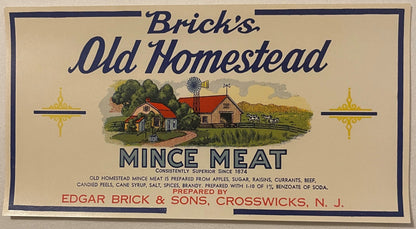 Antique Brick's Old Homestead Mince Meat Label 🏚️ LARGE RECTANGULAR Farm Scene, Edgar Brick & Sons NJ, NOS 1920s