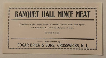 Antique Banquet Hall Mince Meat Label 🦁 LARGE VERSION, Edgar Brick & Sons Crosswicks NJ, NOS 1910s