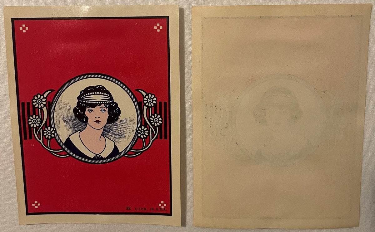 Antique Maid Broom Label 🧹 NOS 1910s-1920s Red Portrait Litho #32 Kitchen Wall Art