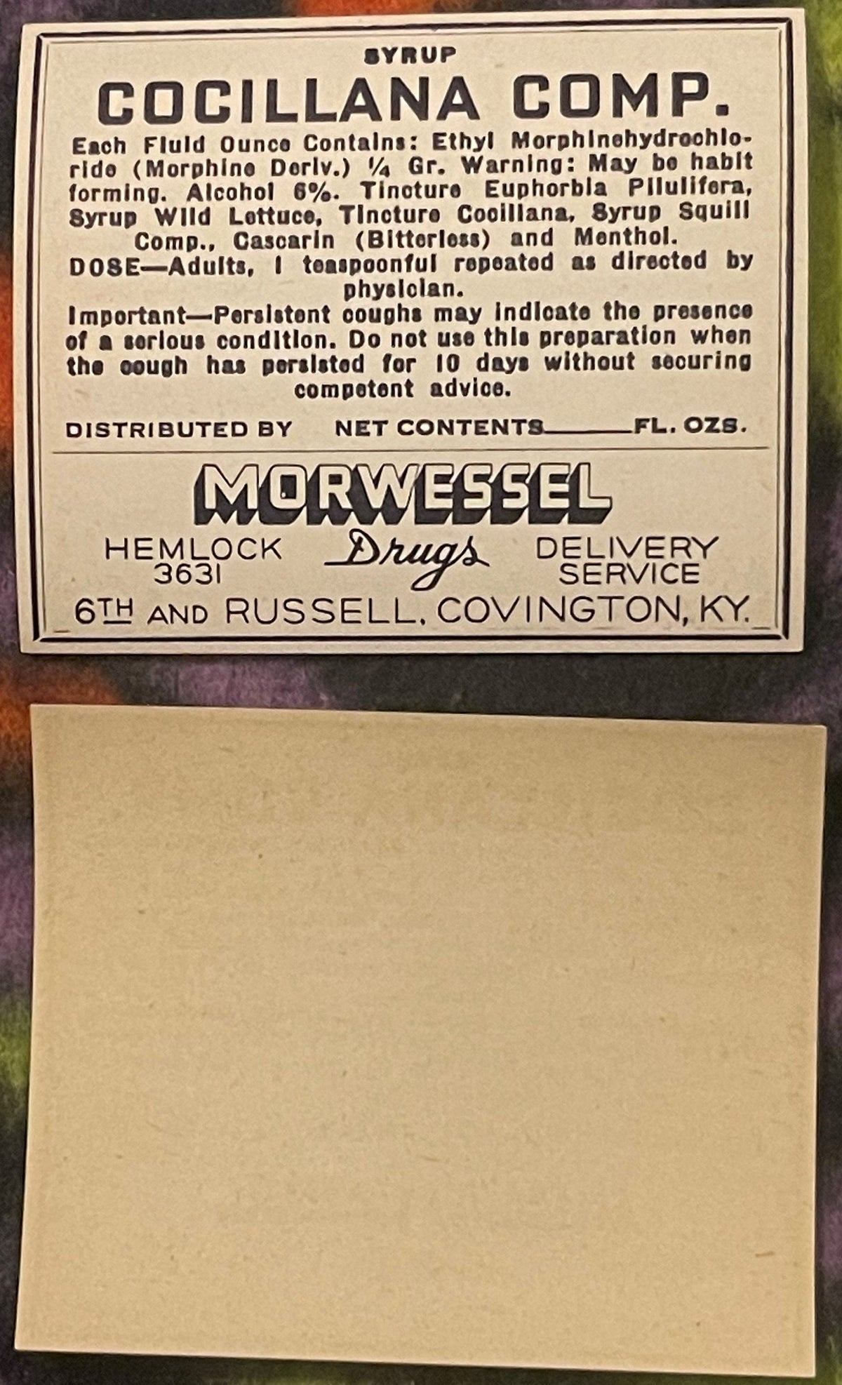 Antique 1910s Cocillana Morphine Pharmacy Label – Morwessel Drugs Covington KY 💊