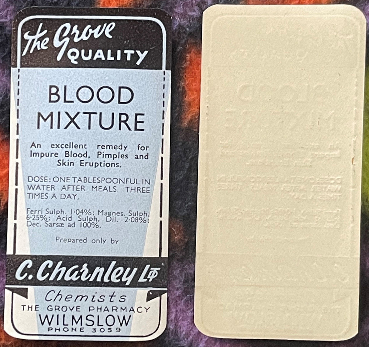Antique Blood Mixture Label 🧪 C. Charnley Ltd Grove Pharmacy Wilmslow Cheshire Rare 1920s