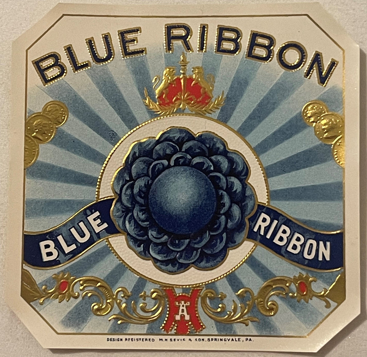 Antique Blue Ribbon Cigar Box Label 🎀 M.H. Sevis & Son Springvale PA, Gold Embossed Prize Rosette, Lions Crest NOS