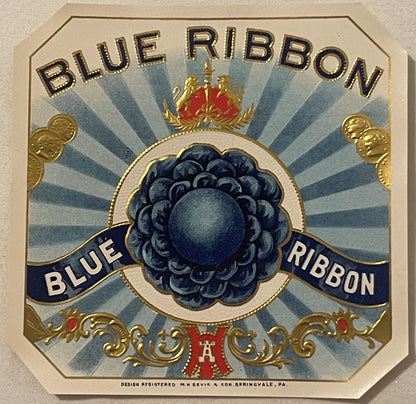 Antique Blue Ribbon Cigar Box Label 🎀 M.H. Sevis & Son Springvale PA, Gold Embossed Prize Rosette, Lions Crest NOS