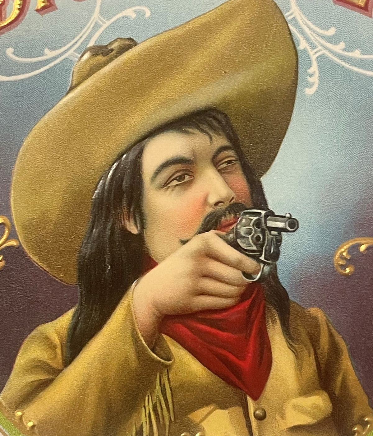Antique Dick Custer Cigar Label 🤠 Gold Embossed Cowboy NOS Chromolithograph
