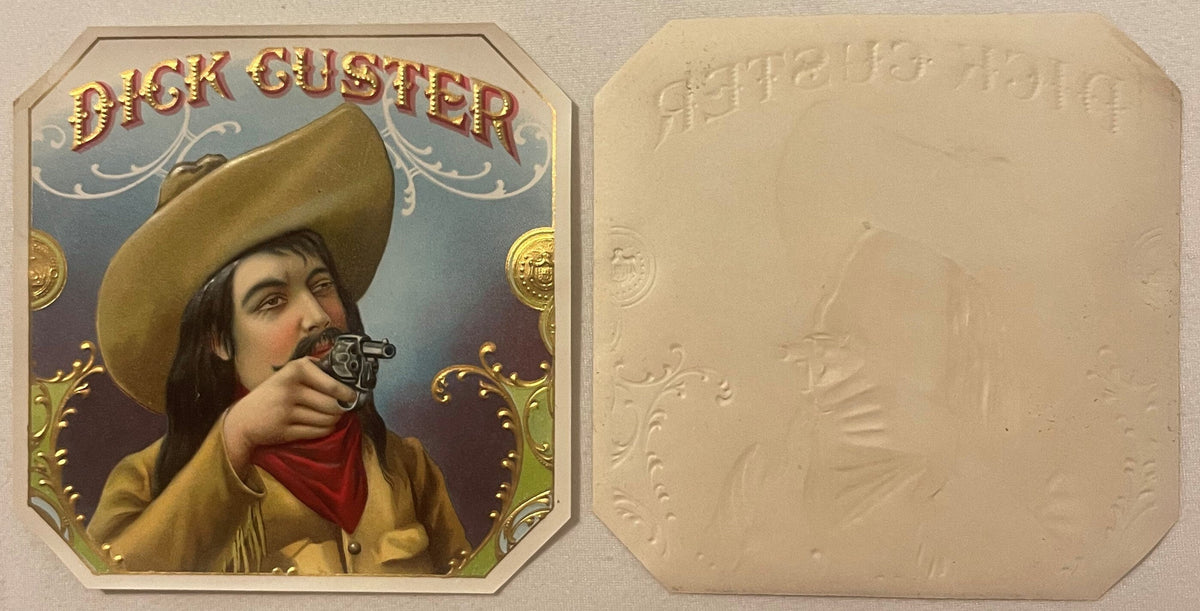 Antique Dick Custer Cigar Label 🤠 Gold Embossed Cowboy NOS Chromolithograph