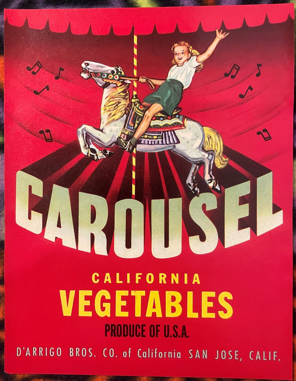 Vintage 1940s - 1950s Carousel Crate Label 🍎 San Jose, CA, Child, Merry Go Round