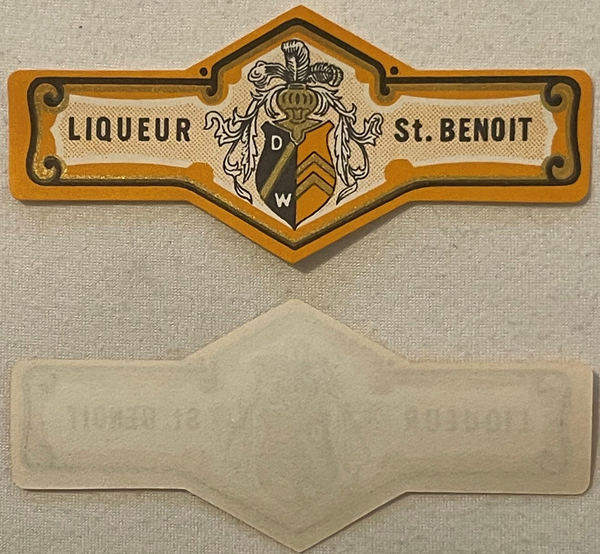 Antique Liqueur St. Benoit 1920s - 1930s Bottle Neck Label 🏅 Orange Heraldic Crest DW Shield Ephemera