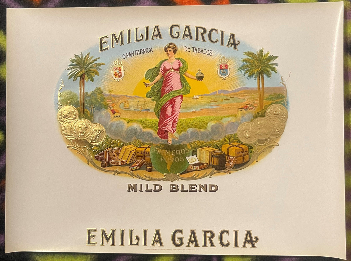 Antique Emilia Garcia Cigar Box Label 🌅 Embossed Mild Blend Gran Fabrica de Tabacos NOS 1900s