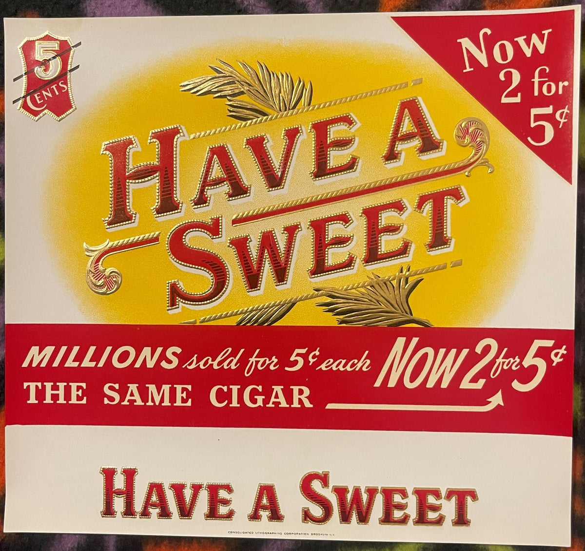 Antique Have A Sweet Cigar Label 🍂 Embossed Red & Gold Litho | Red Lion PA Beauty