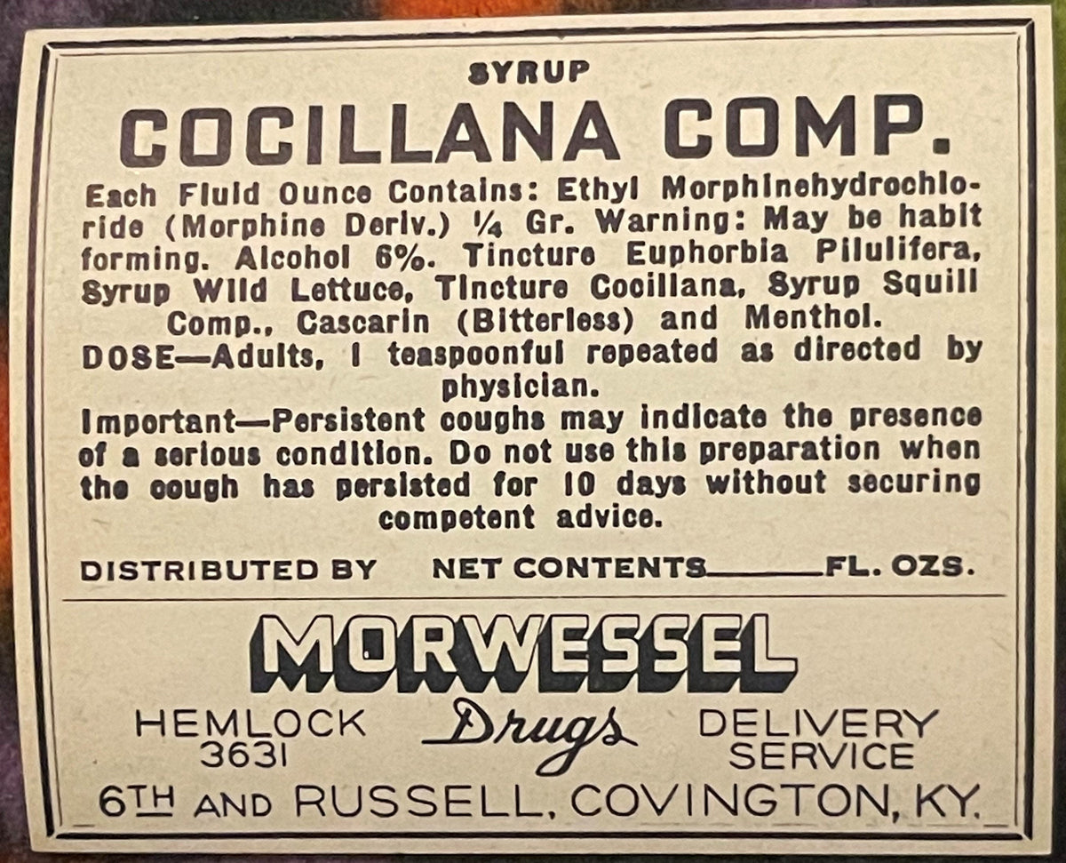 Antique 1910s Cocillana Morphine Pharmacy Label – Morwessel Drugs Covington KY 💊