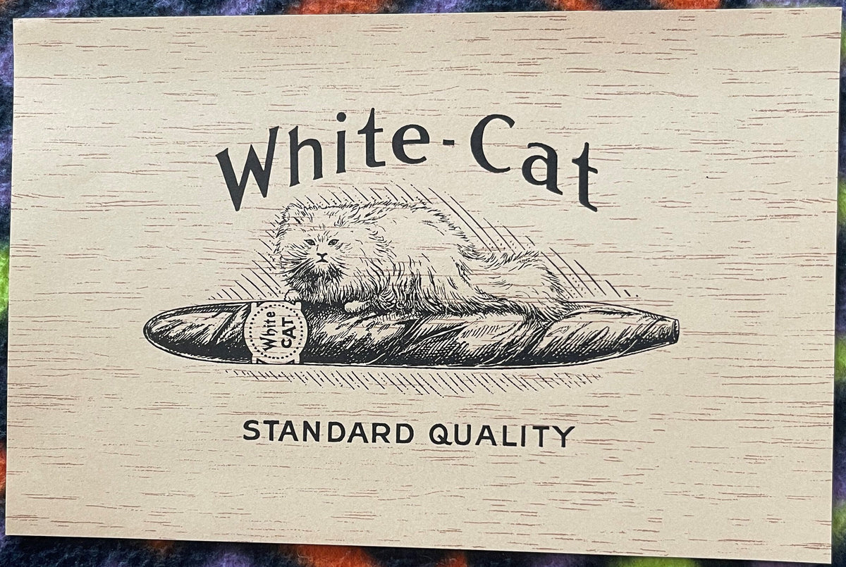 Antique 1900s–1920s “White‑Cat” Wood‑Grain Cigar Box Label 😺 NOS