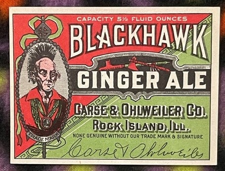 Antique Blackhawk Ginger Ale Label 🪓 Carse & Ohlweiler Co. Rock Island, Ill. Color Litho Embossed Native American Chief