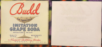 Antique Budd Grape Soda Label from 1920s Newport