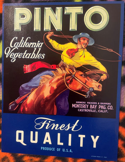 Vintage Pinto Crate Label 🤠 — 1930s - 1940s-40s Castroville California Vegetables, Monterey Bay Pkg. Co. — Stecher-Traung Litho, Cowboy & Lasso Art
